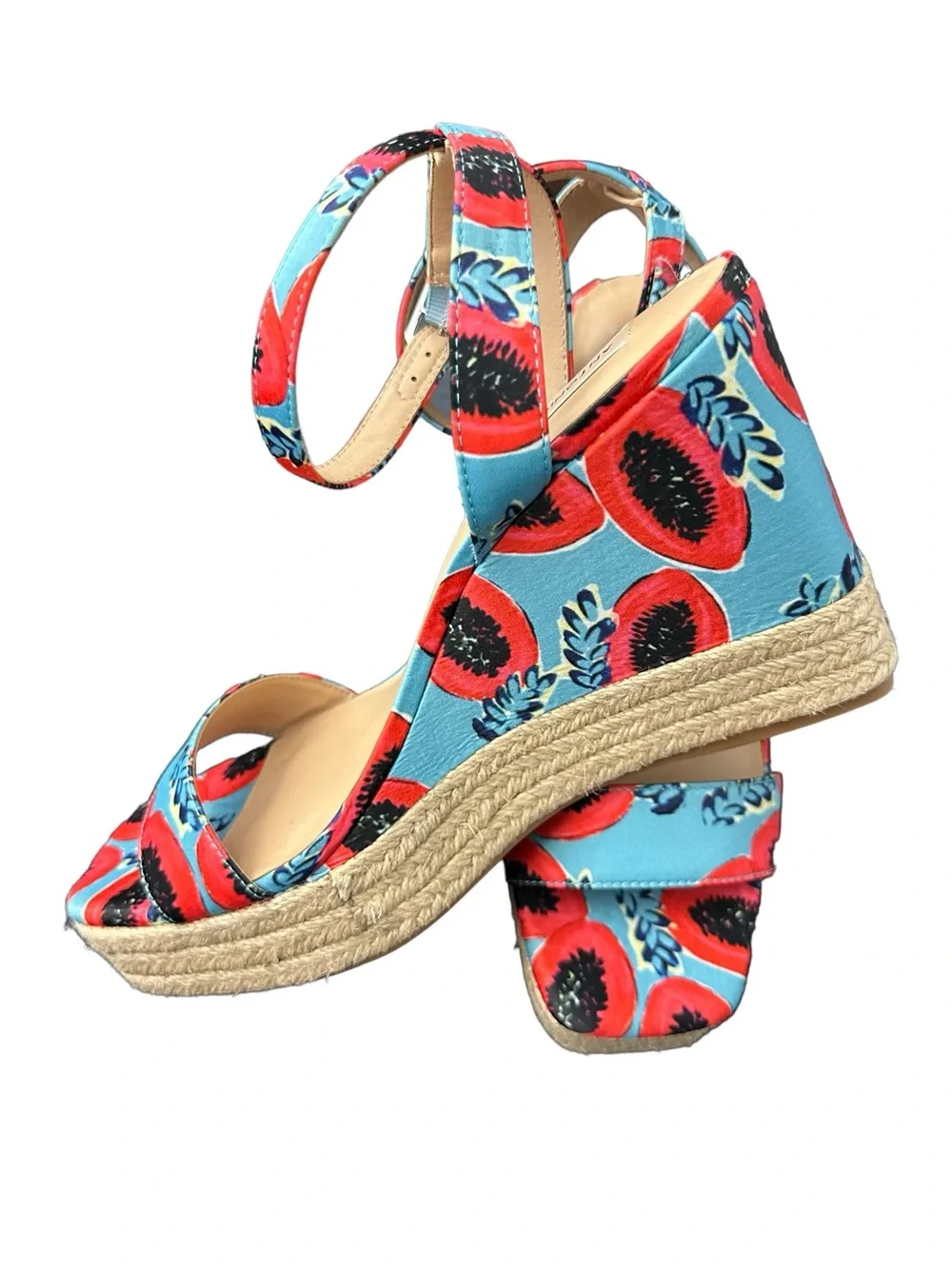 ANTONIO MELANI Turquoise & Red Floral Ankle-Strap Wedges